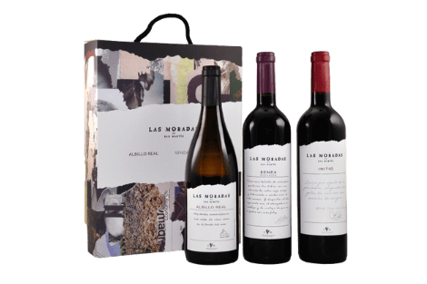 Estuche de vinos, compuesto por las variedades de botellas Albillo Real 2020 ECO, SENDA 2018 y INITIO 2015, de la Bodega Las moradas de San Martin