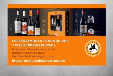 Anuncio de la tienda online de Bodegas Borsao, mostrando los diferentes vinos, regalos y accesorios disponibles