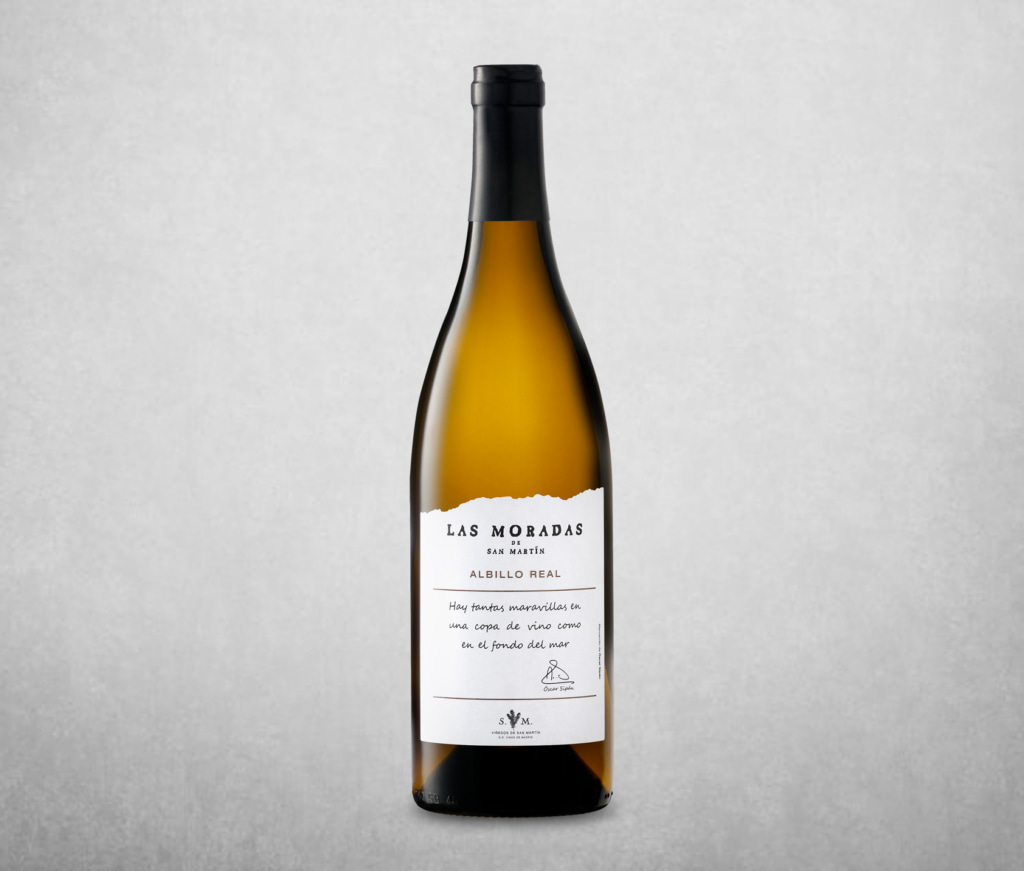 Botella de vino llamada Albillo Real 2020 ECO. Bodega Las moradas de San Martin