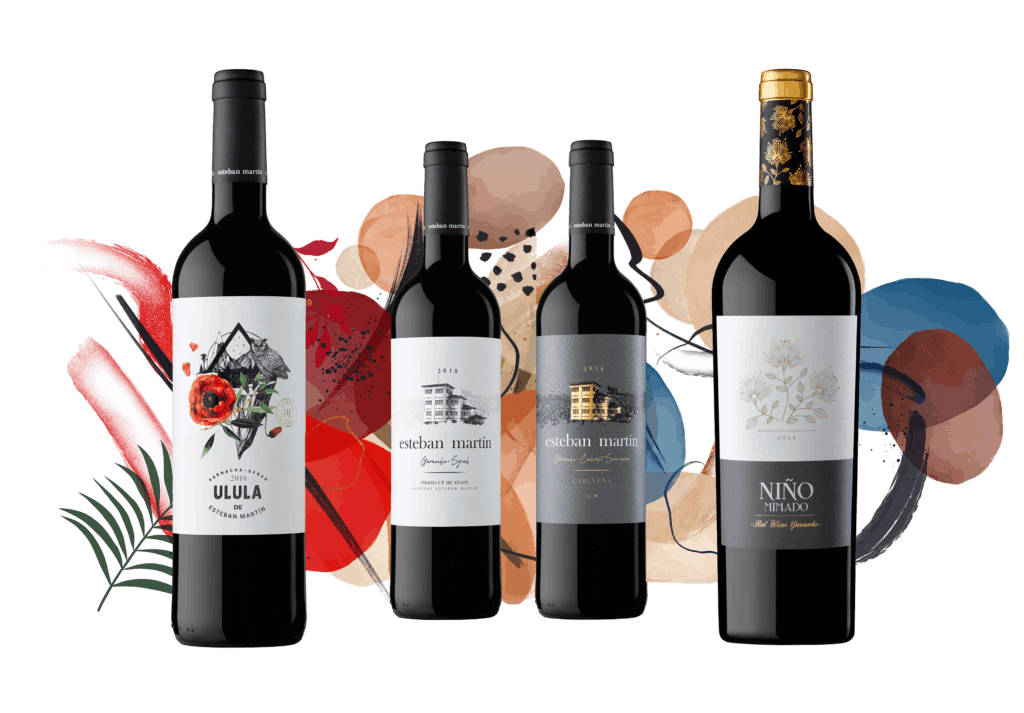 Conjunto de vinos agrupados (ULULA, 6 Meses, 12 Meses y Niño Mimado) de diferentes variedades pertenecientes a Bodega Esteban Martin