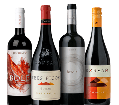 Conjunto de vinos agrupados de diferentes variedades, pertenecientes a BODEGAS BORSAO